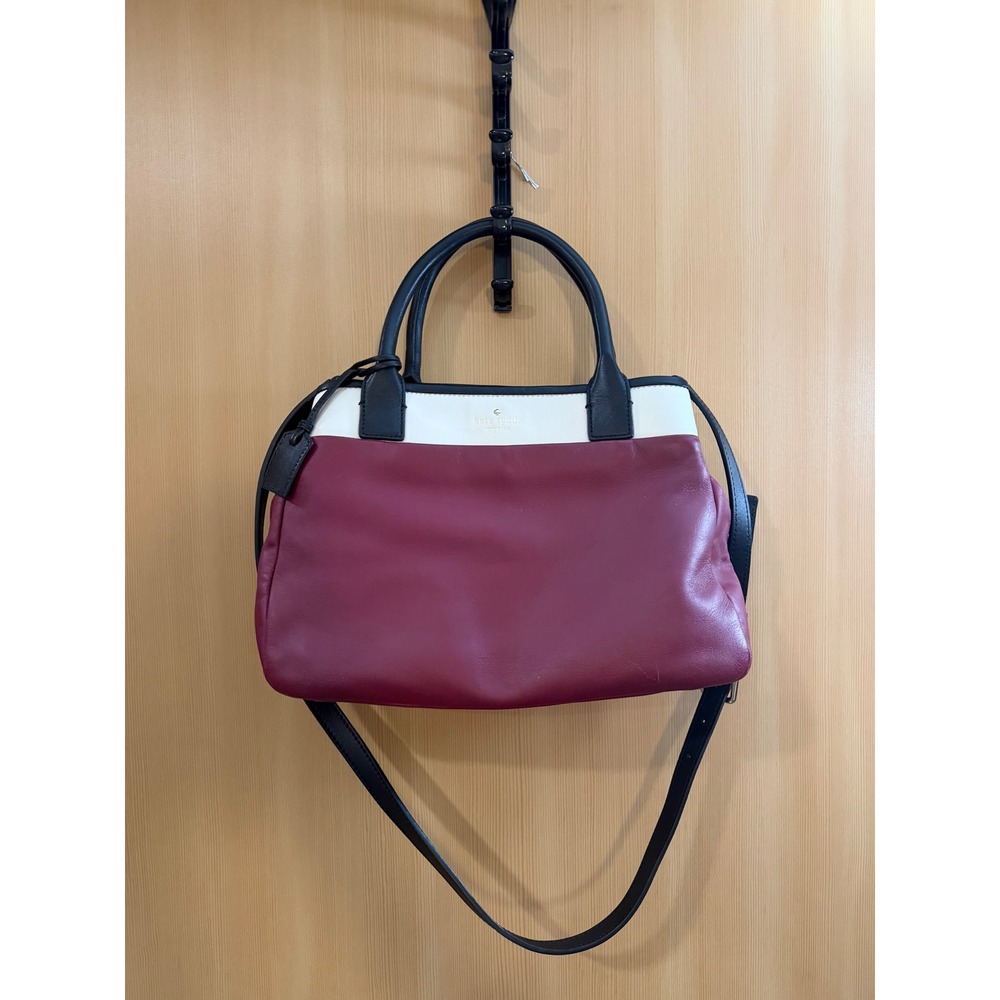 Kate Spade Colorblock Leather Satchel Bag Burgundy Cream Black Crossbody